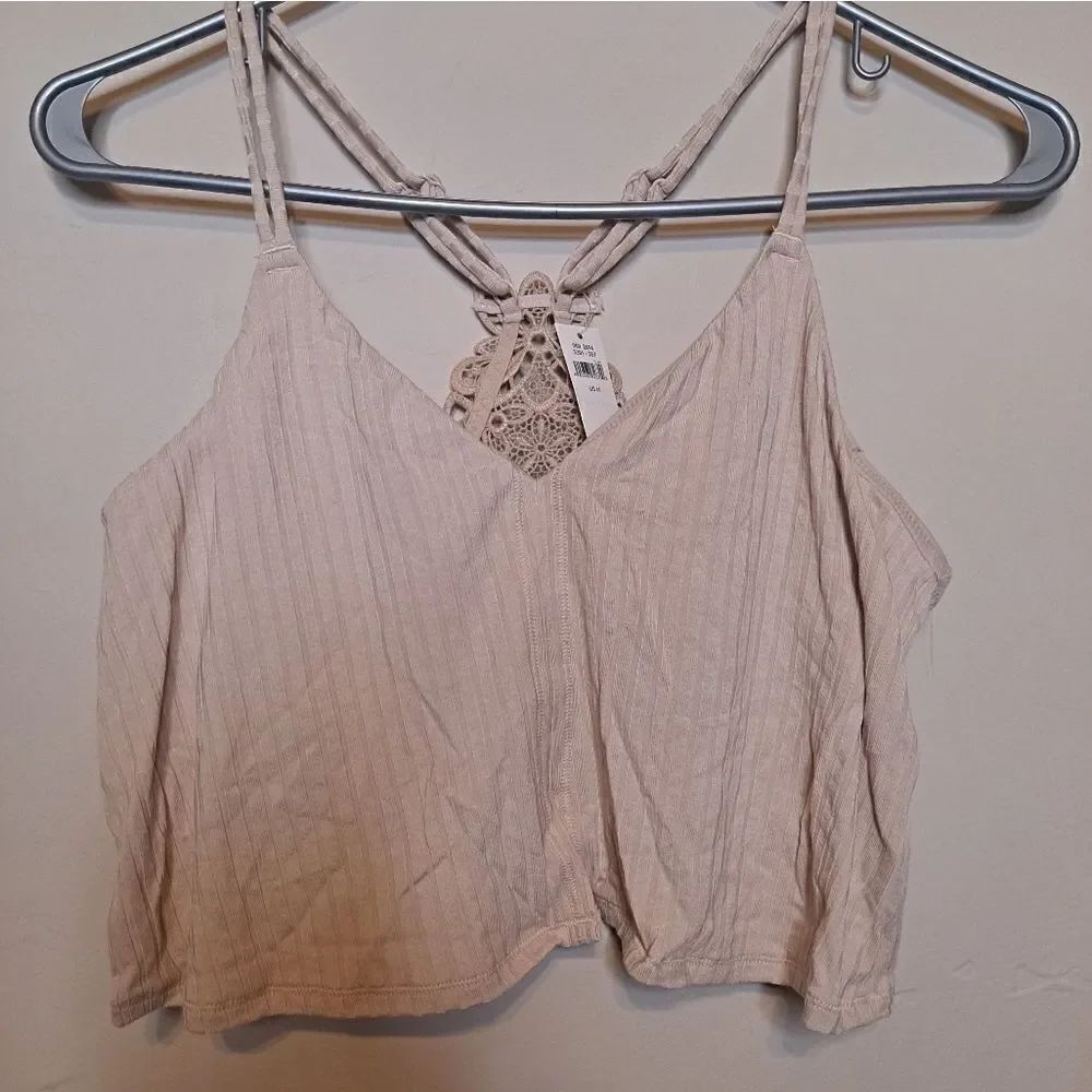 Aerie Beige Ribbed Racerback Embroidery Bralette/Tank Women Size Medium